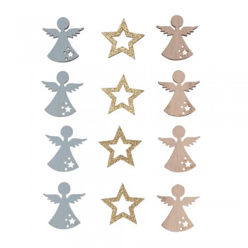 Přízdoba dřevěná - andělé a hvězdy, 3,7cm ø, 3,6x4cm, s lepítkem, 12ks